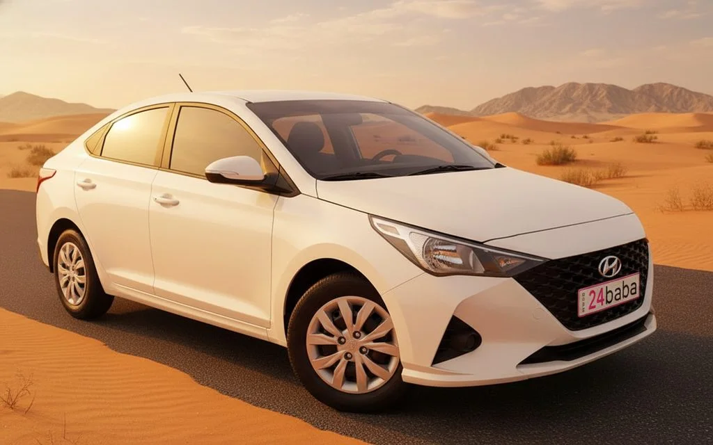 Hyundai Accent 2020 White front view with headlights – rental in Dubai