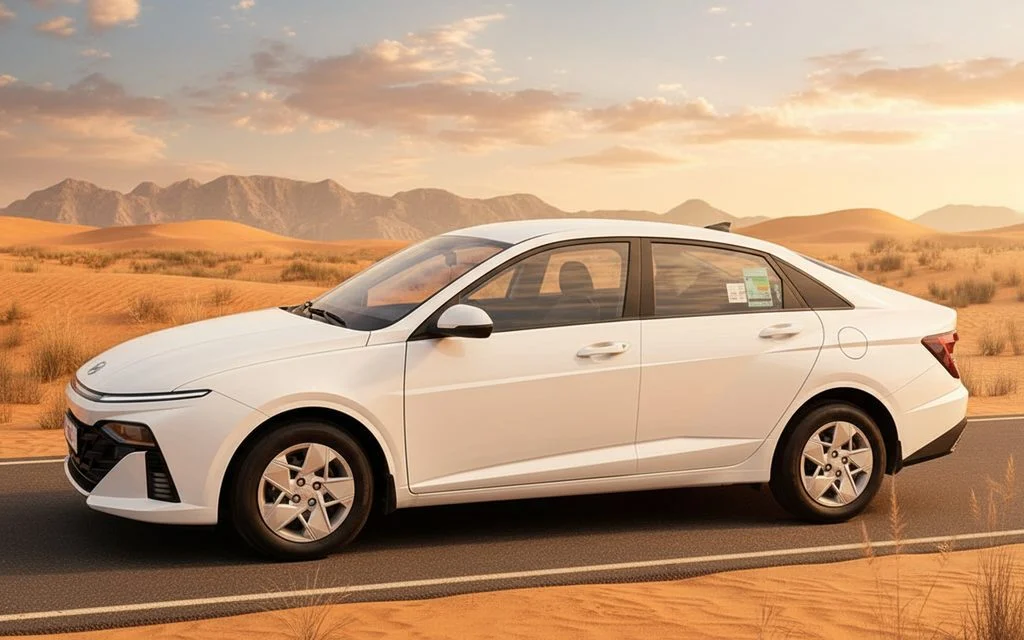 Hyundai Accent 2024 White front view with headlights – rental in Dubai