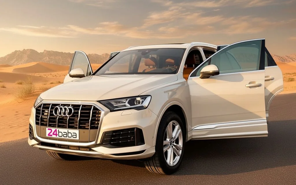 Audi Q7 2022 Beige front view with headlights – rental in Dubai