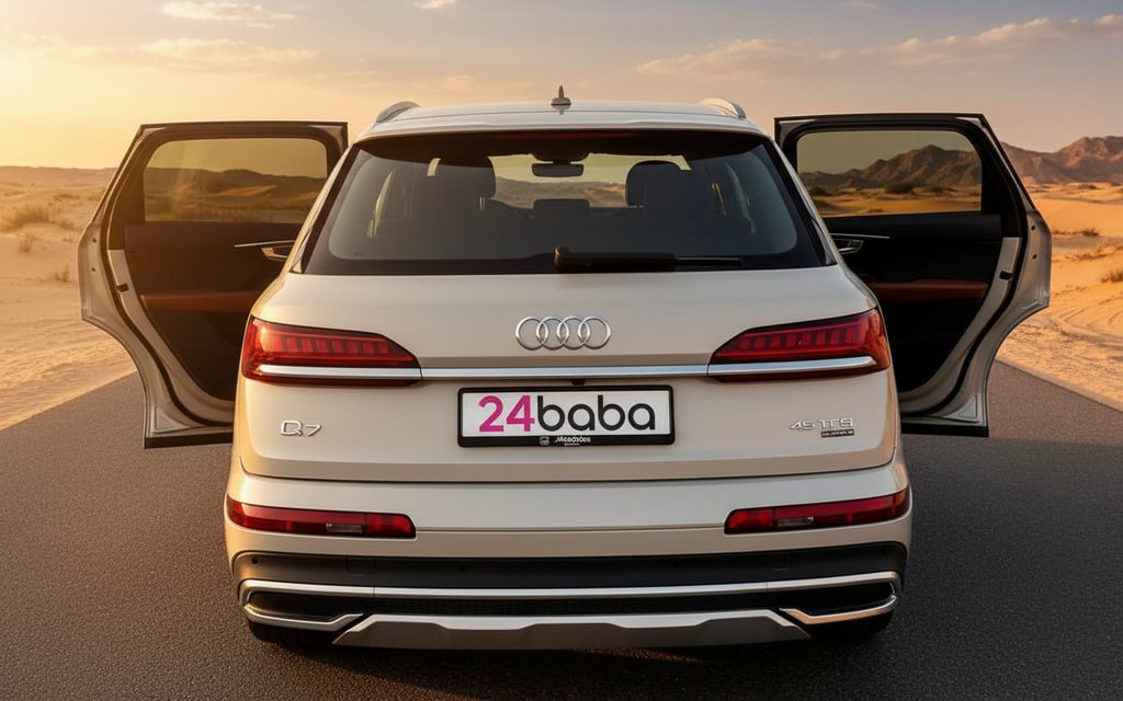 Audi Q7 2022 Beige rear view showing taillights – rental in Dubai