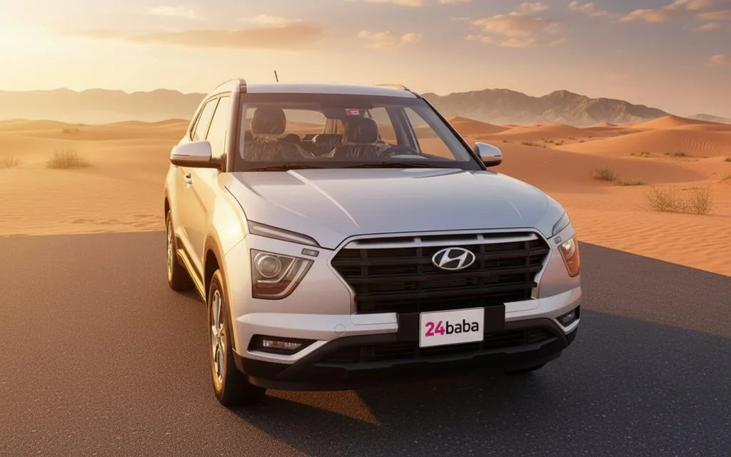 Hyundai Creta 2022 Silver front view with headlights – rental in Dubai
