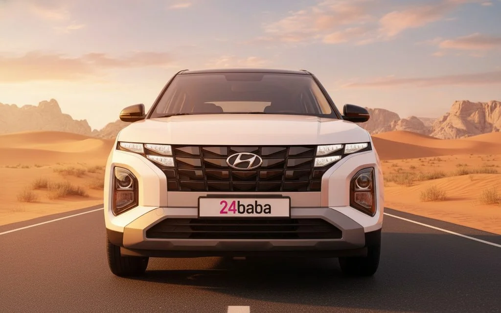 Hyundai Creta 2024 White front view with headlights – rental in Dubai