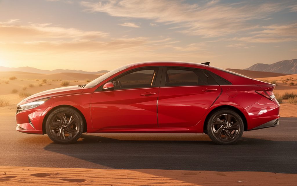Hyundai Elantra 2021 Red side profile – rental in Dubai