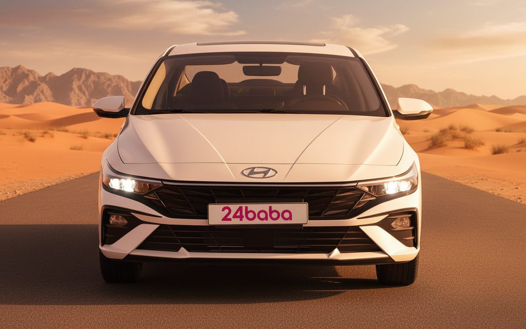Hyundai Elantra 2025 White front view with headlights – rental in Dubai