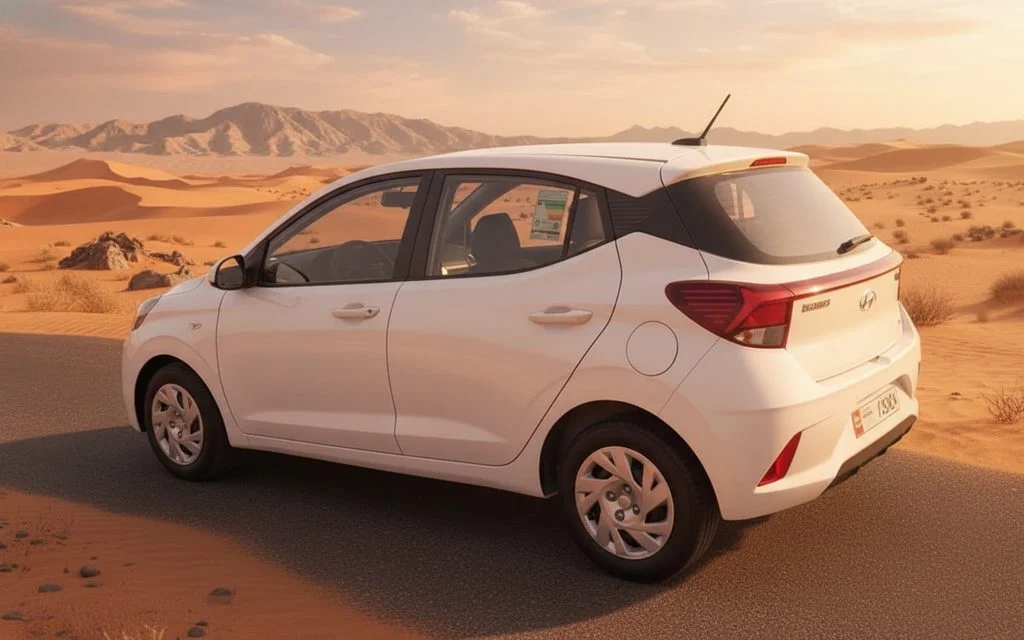 Hyundai GrandI10 2024 White rear view showing taillights – rental in Dubai