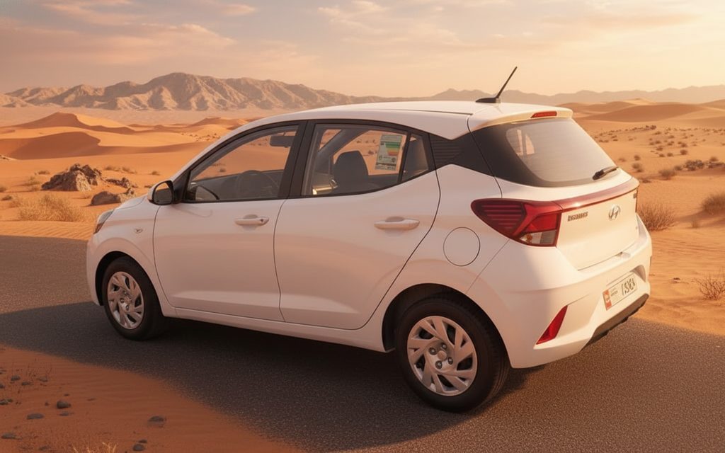 Hyundai GrandI10 2024 White rear view showing taillights – rental in Dubai