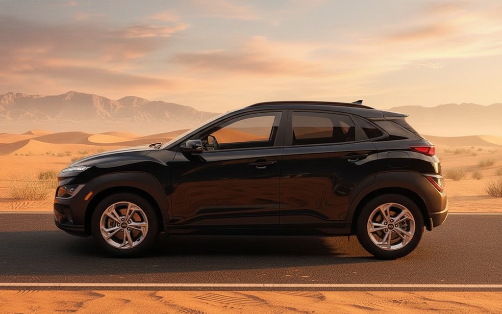 Hyundai Kona 2024 Black side profile – rental in Dubai