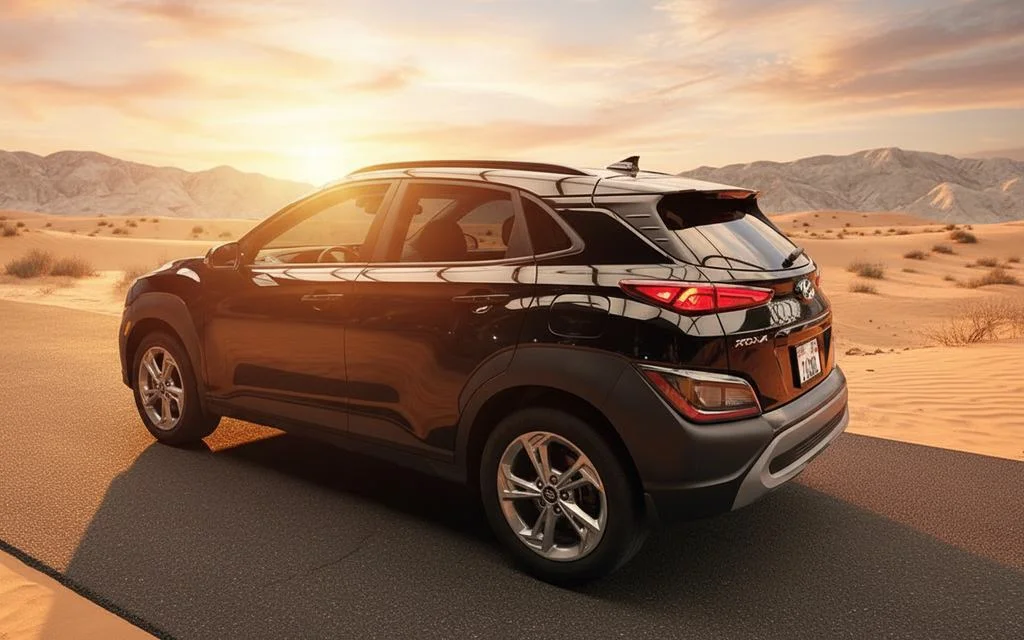 Hyundai Kona 2024 Black front view with headlights – rental in Dubai