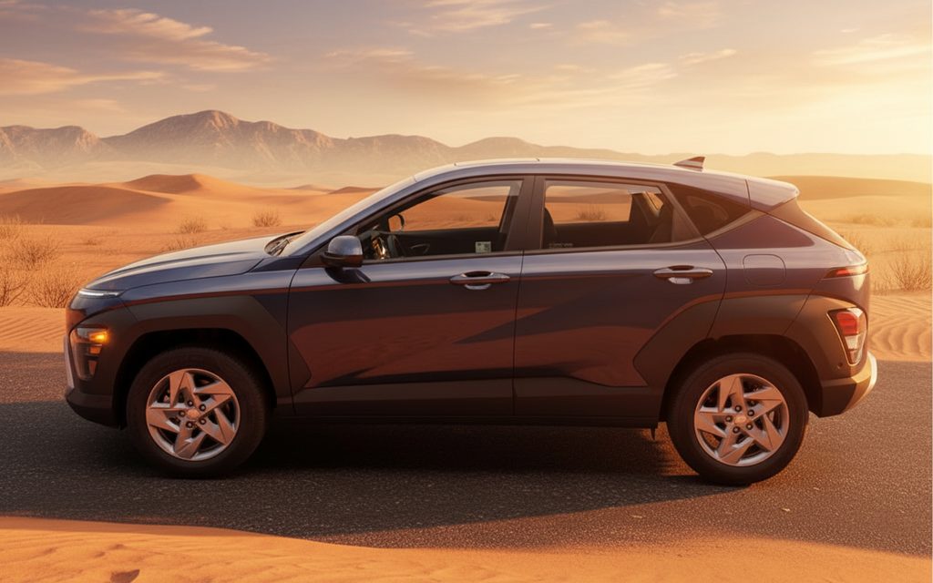 Hyundai Kona 2025 Blue side profile – rental in Dubai
