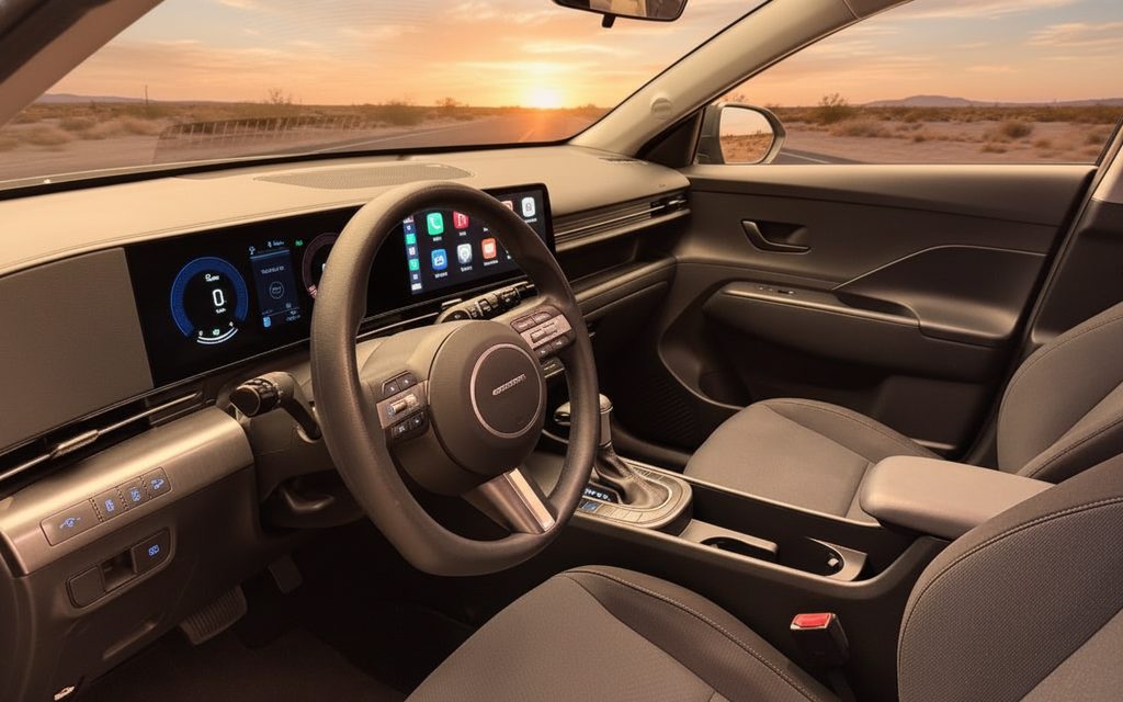 Hyundai Kona 2025 interior view showing trim – rental in Dubai
