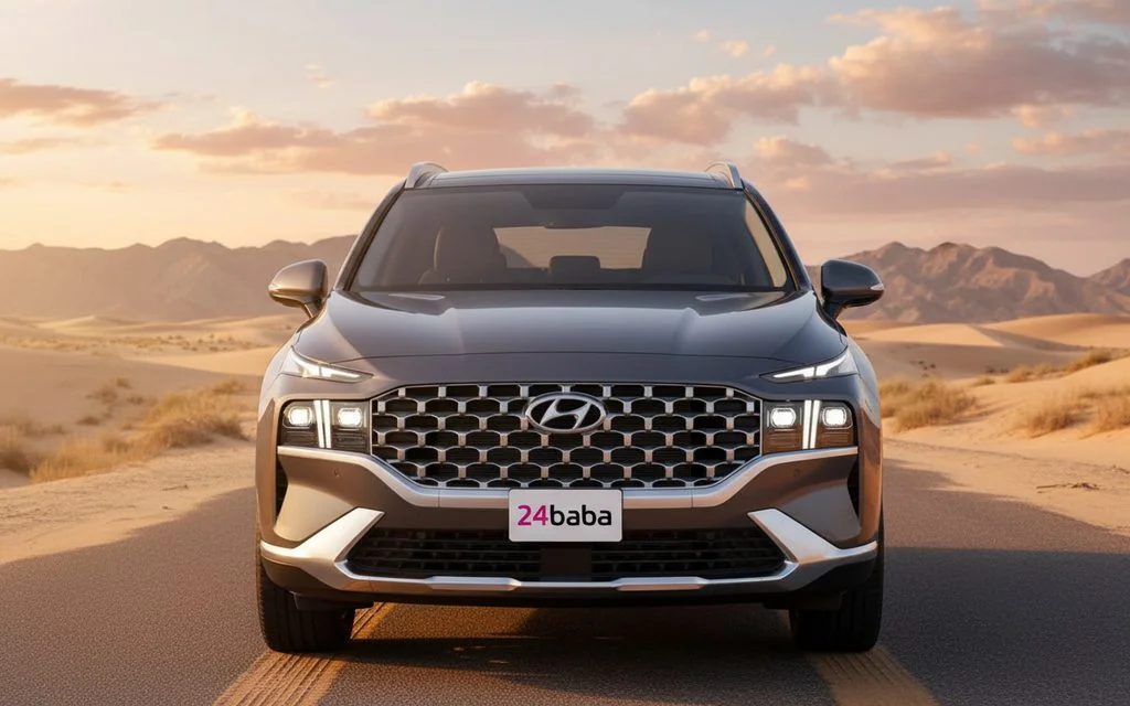 Hyundai SantaFe 2023 Grey front view with headlights – rental in Dubai