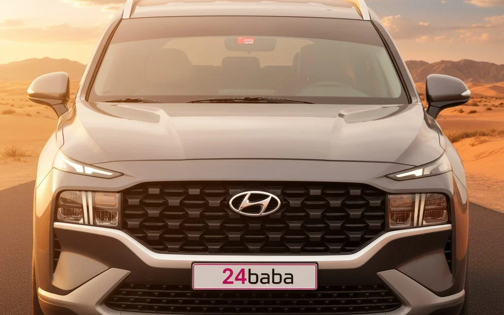 Hyundai SantaFe 2023 Grey front view with headlights – rental in Dubai