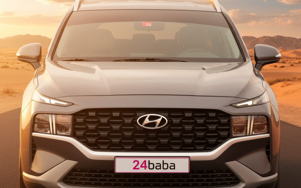 Hyundai SantaFe 2023 Grey front view with headlights – rental in Dubai