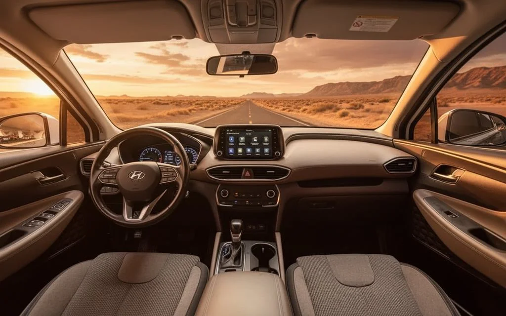 Hyundai SantaFe 2025 interior view showing trim – rental in Dubai