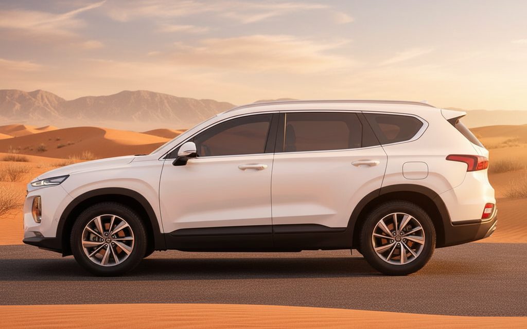 Hyundai SantaFe 2025 White side profile – rental in Dubai
