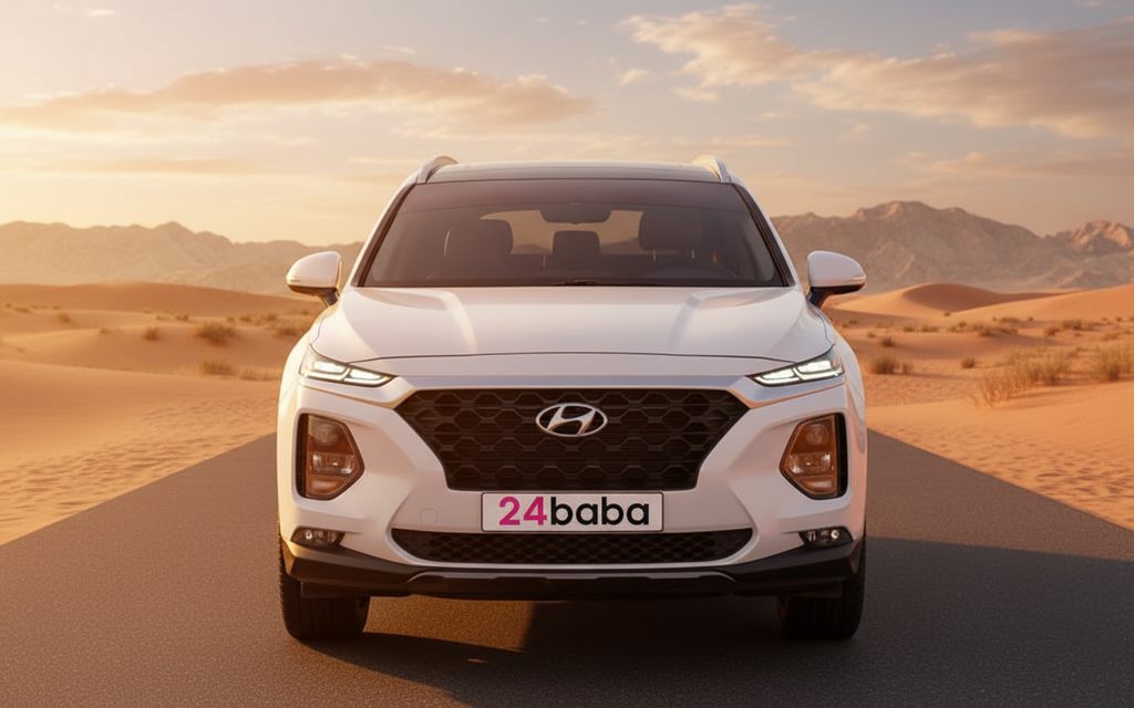 Hyundai SantaFe 2025 White front view with headlights – rental in Dubai