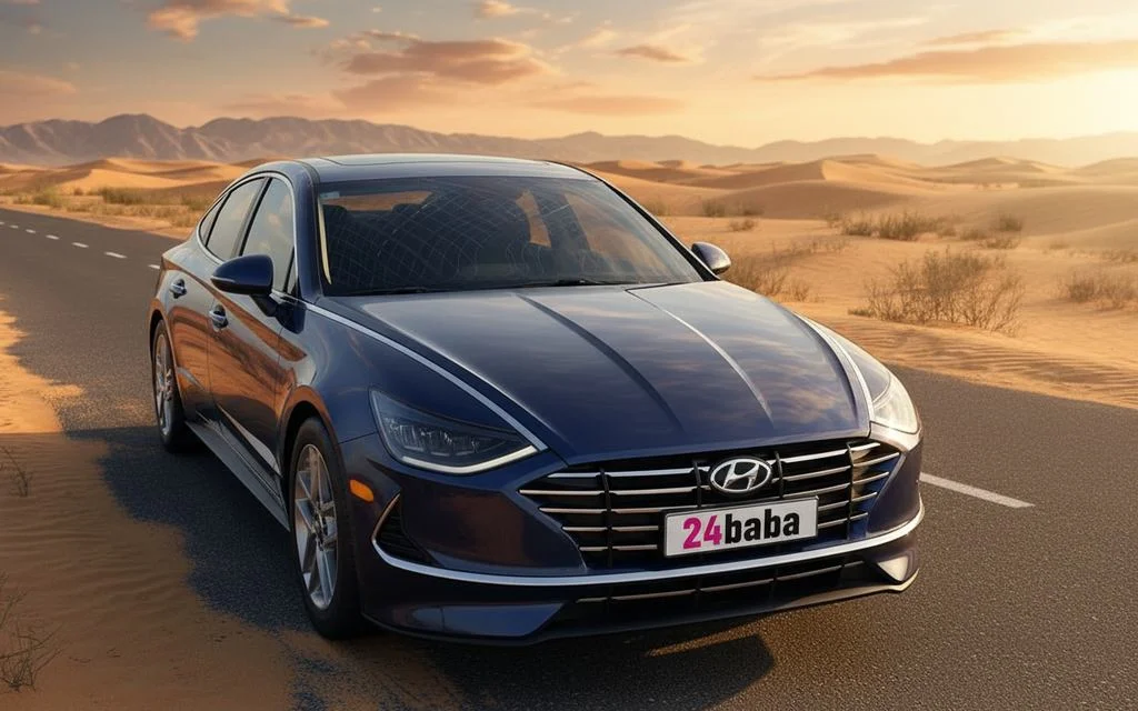 Hyundai Sonata 2021 Blue front view with headlights – rental in Dubai