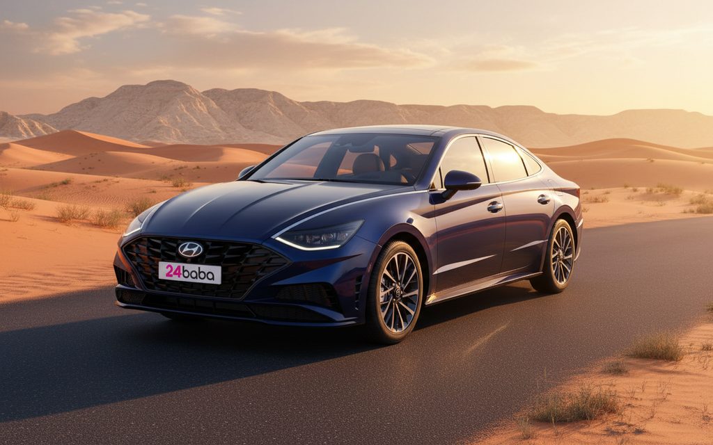 Hyundai Sonata 2021 Blue front view with headlights – rental in Dubai