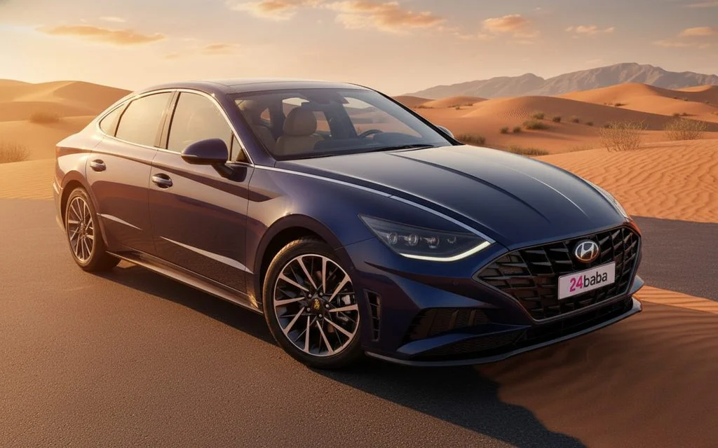 Hyundai Sonata 2021 Blue front view with headlights – rental in Dubai