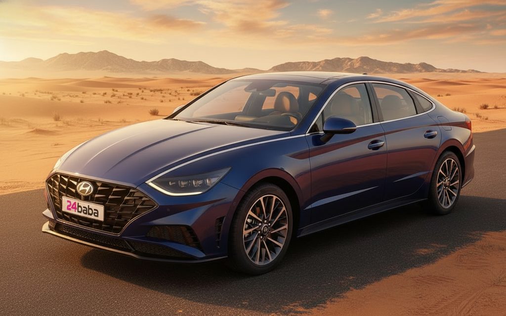Hyundai Sonata 2021 Blue front view with headlights – rental in Dubai