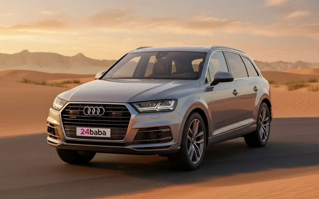 Audi Q7 2023 Silver front view with headlights – rental in Dubai