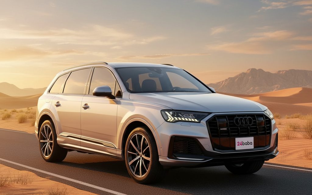 Audi Q7 2023 Silver front view with headlights – rental in Dubai