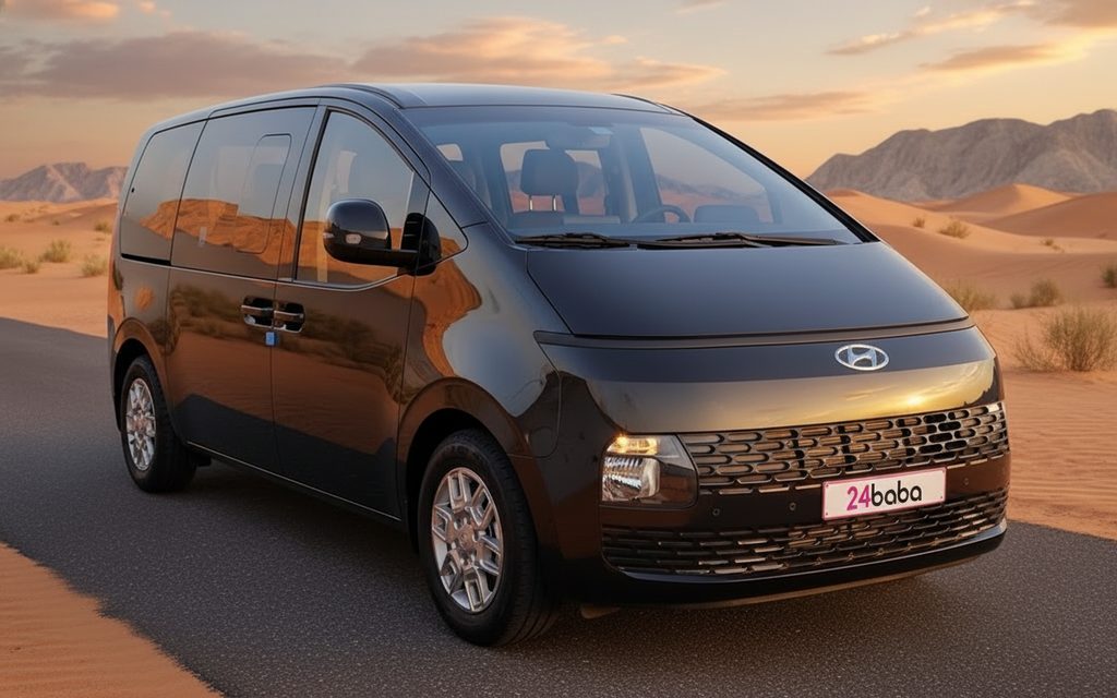 Hyundai Staria 2024 Black front view with headlights – rental in Dubai