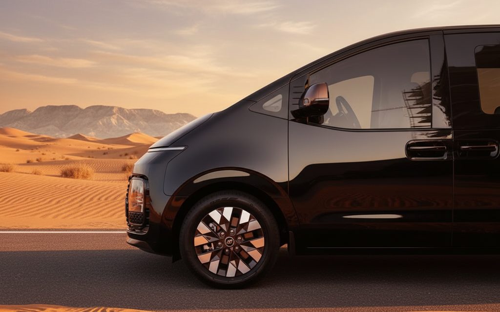 Hyundai Staria 2024 alloy wheel close up – rental in Dubai