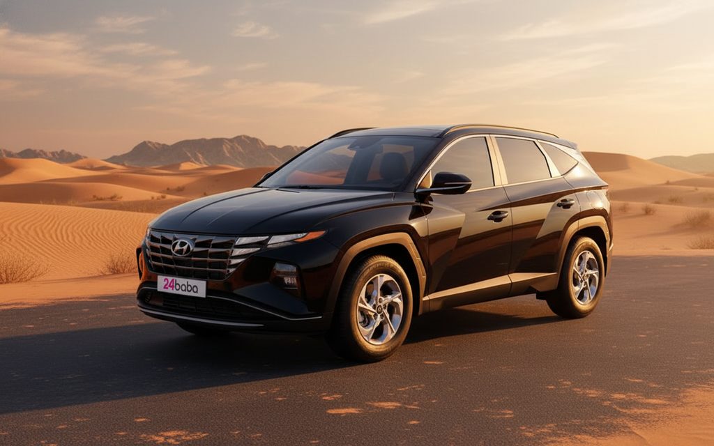 Hyundai Tucson 2022 Black front view with headlights – rental in Dubai