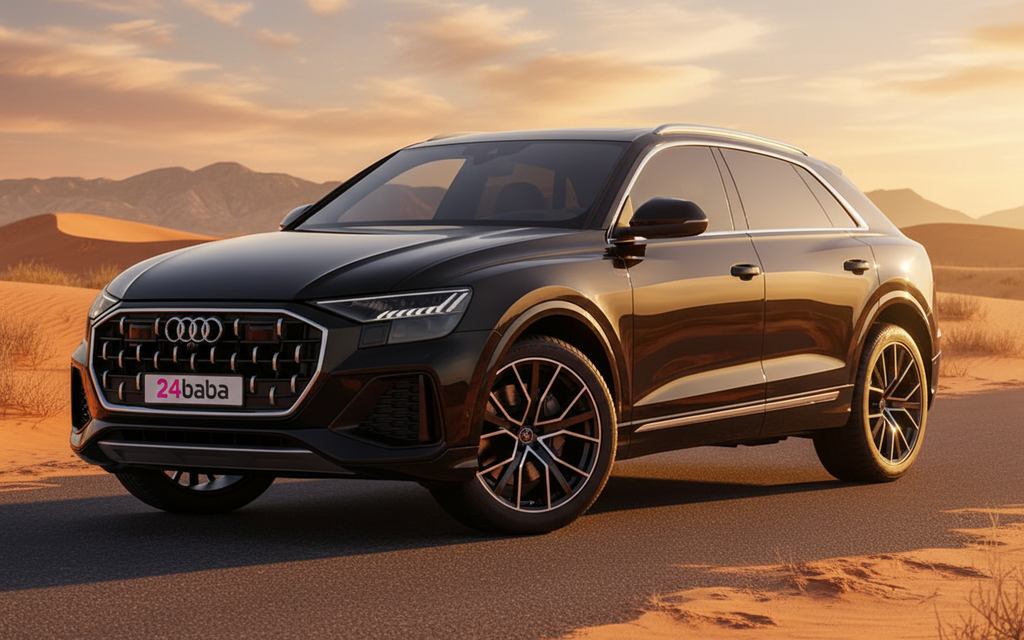Audi Q8 2024 Black front view with headlights – rental in Dubai