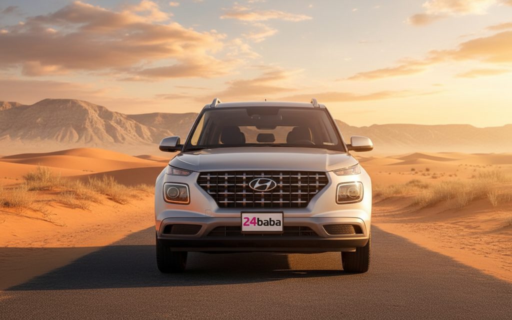 Hyundai Venue 2023 Grey front view with headlights – rental in Dubai