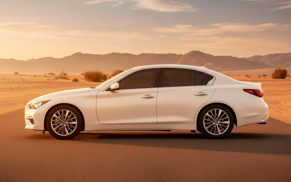 Infiniti Q50 2023 White side profile – rental in Dubai