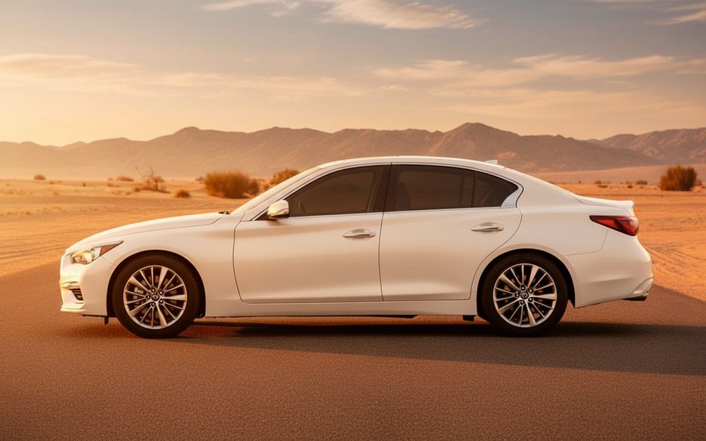 Infiniti Q50 2023 White side profile – rental in Dubai