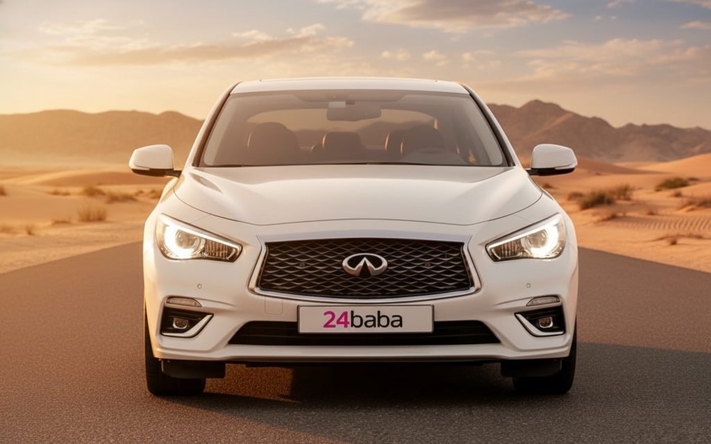 Infiniti Q50 2023 White front view with headlights – rental in Dubai