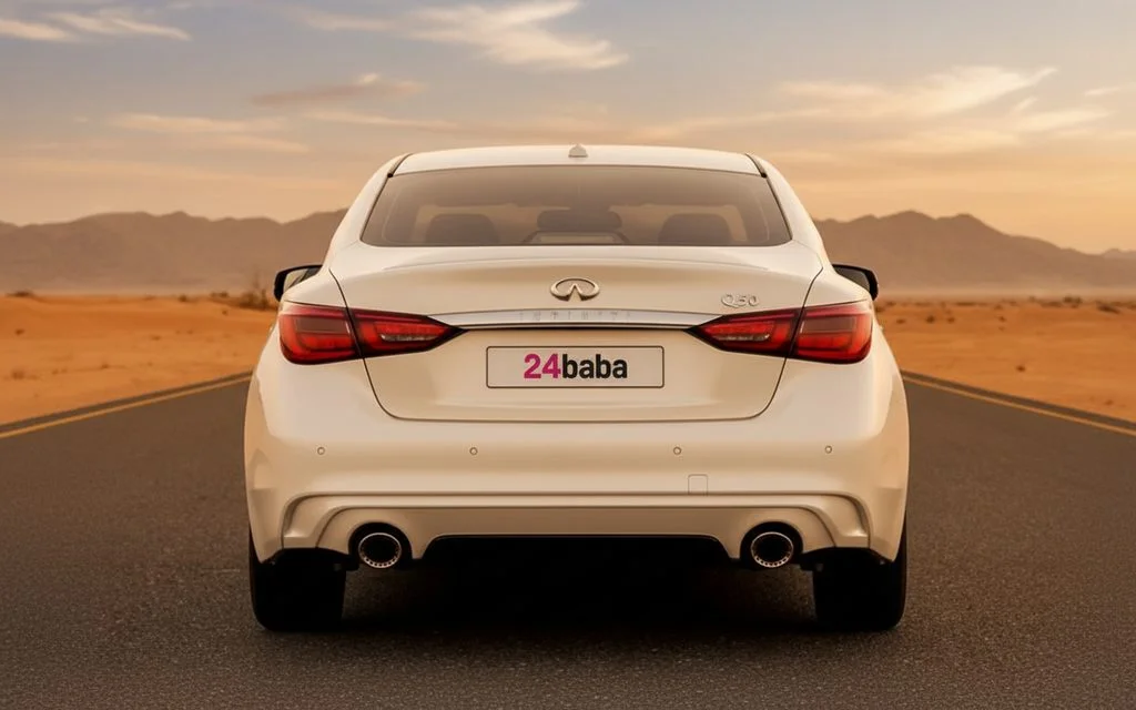 Infiniti Q50 2023 White rear view showing taillights – rental in Dubai