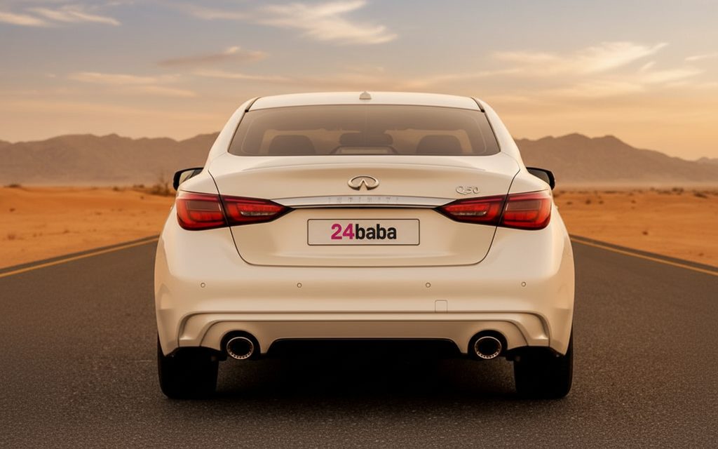 Infiniti Q50 2023 White rear view showing taillights – rental in Dubai