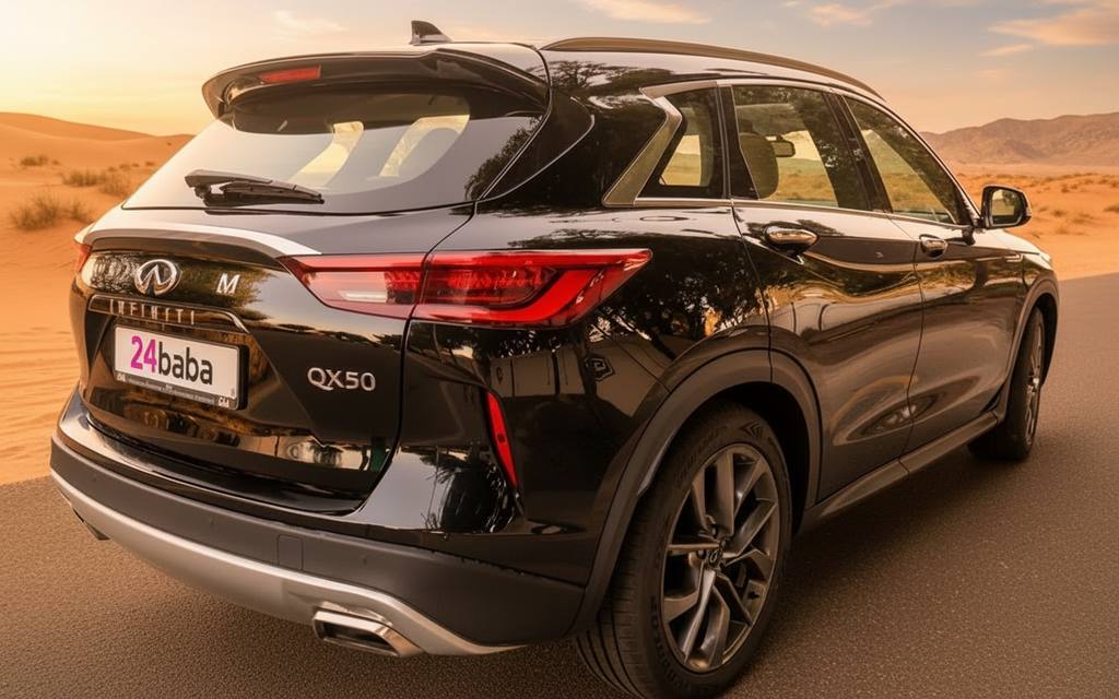 Infiniti Qx50 2021 Black rear view showing taillights – rental in Dubai