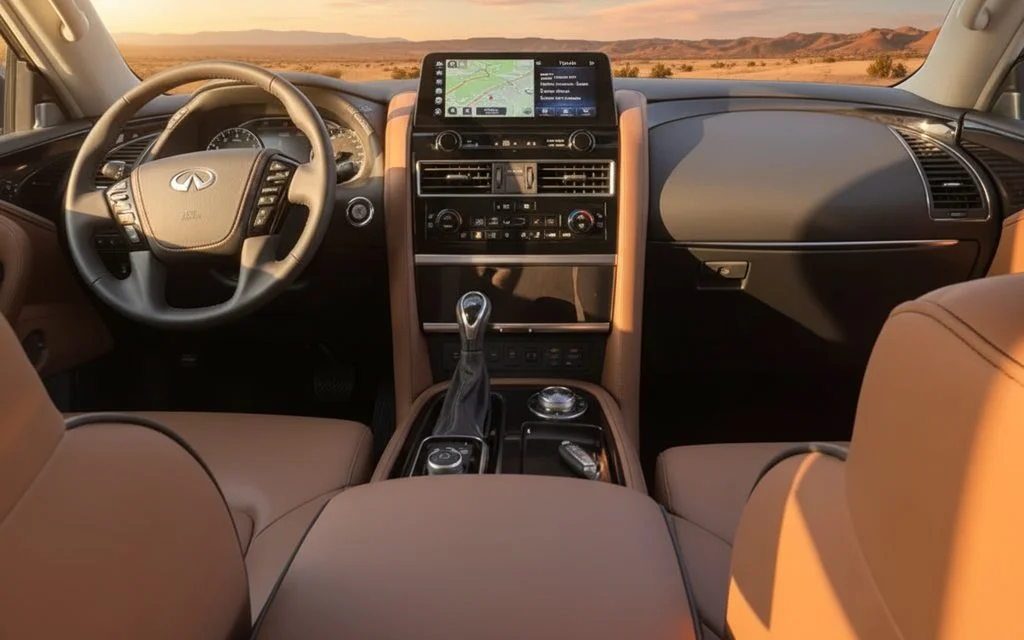 Infiniti Qx80 2024 interior view showing trim – rental in Dubai