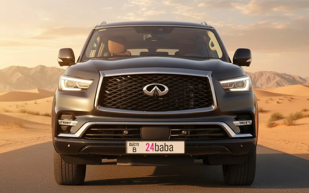 Infiniti Qx80 2024 Grey front view with headlights – rental in Dubai