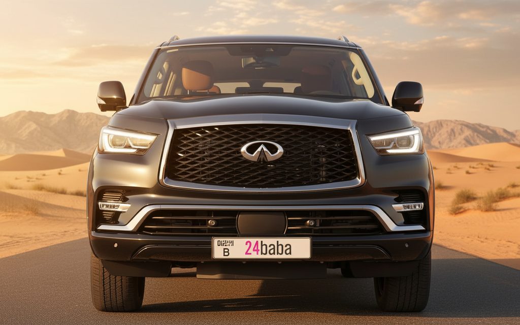 Infiniti Qx80 2024 Grey front view with headlights – rental in Dubai