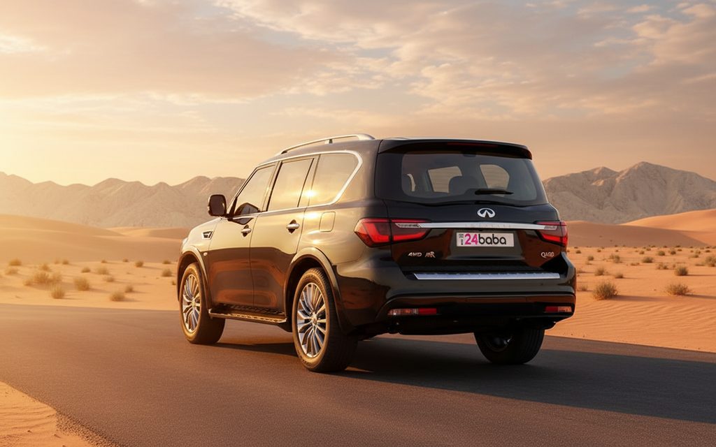 Infiniti Qx80 2024 Grey rear view showing taillights – rental in Dubai