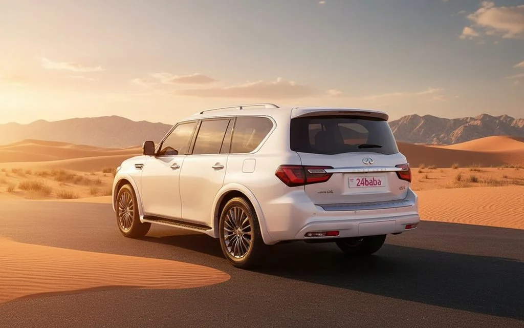 Infiniti Qx80 2024 White rear view showing taillights – rental in Dubai