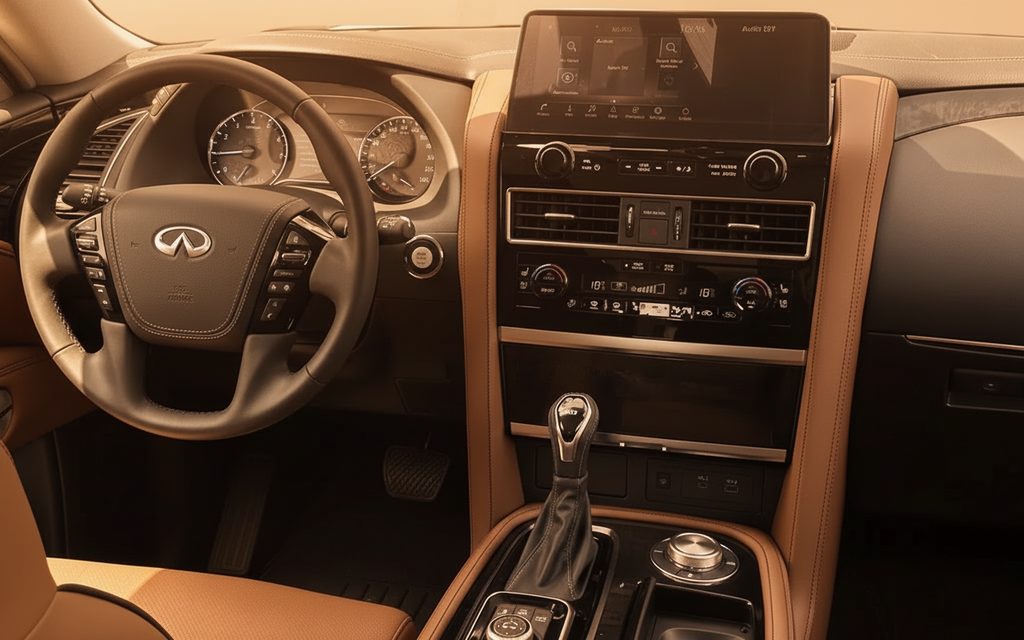 Infiniti Qx80 2024 interior view showing trim – rental in Dubai