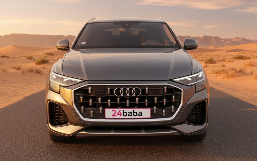 Audi Q8 2024 Grey front view with headlights – rental in Dubai