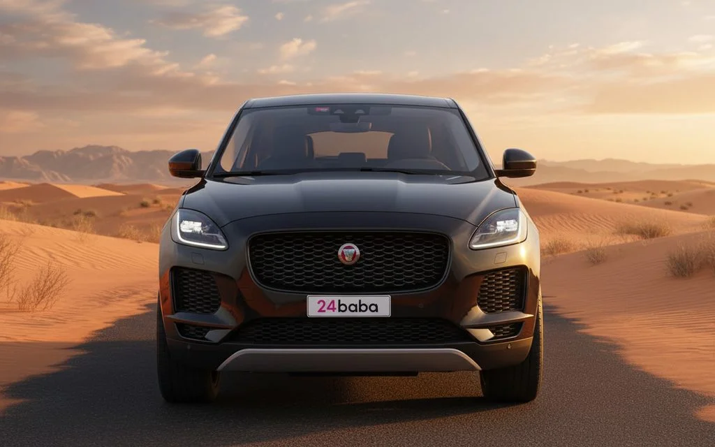 Jaguar E Pace 2020 Black front view with headlights – rental in Dubai