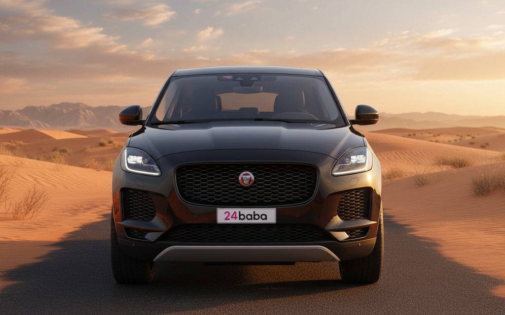 Jaguar E Pace 2020 Black front view with headlights – rental in Dubai