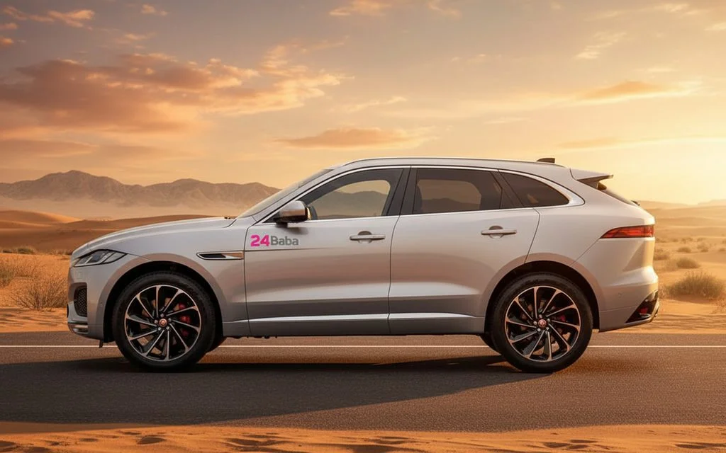 Jaguar E Pace 2021 Silver side profile – rental in Dubai