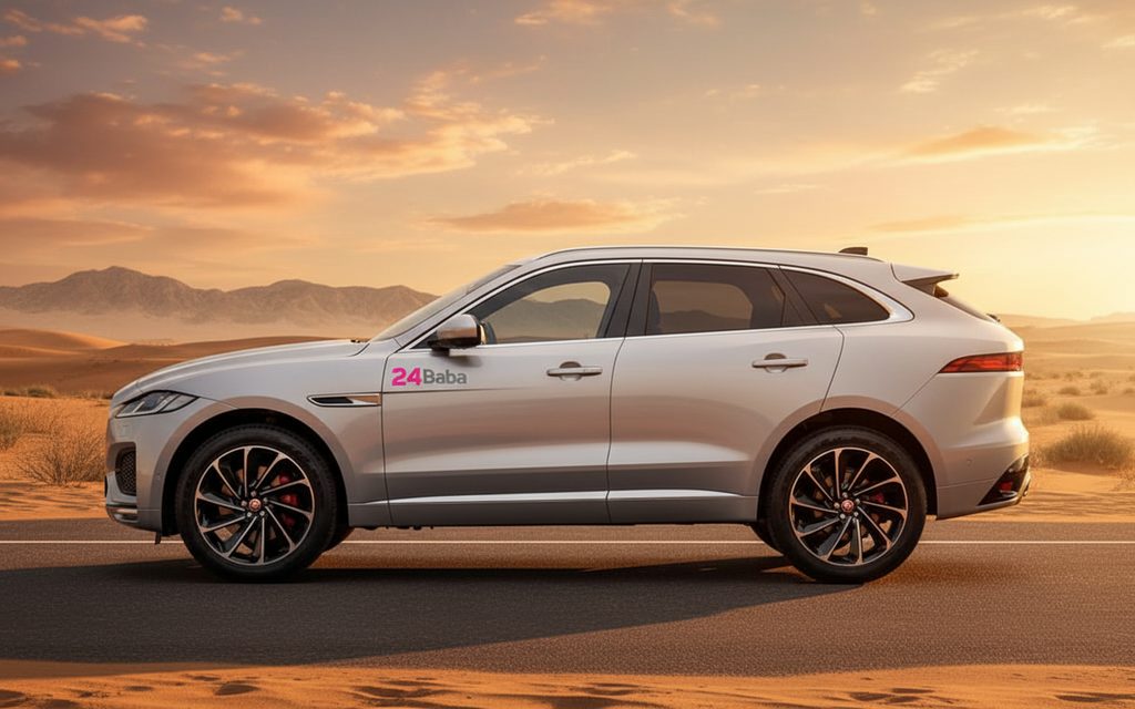 Jaguar E Pace 2021 Silver side profile – rental in Dubai