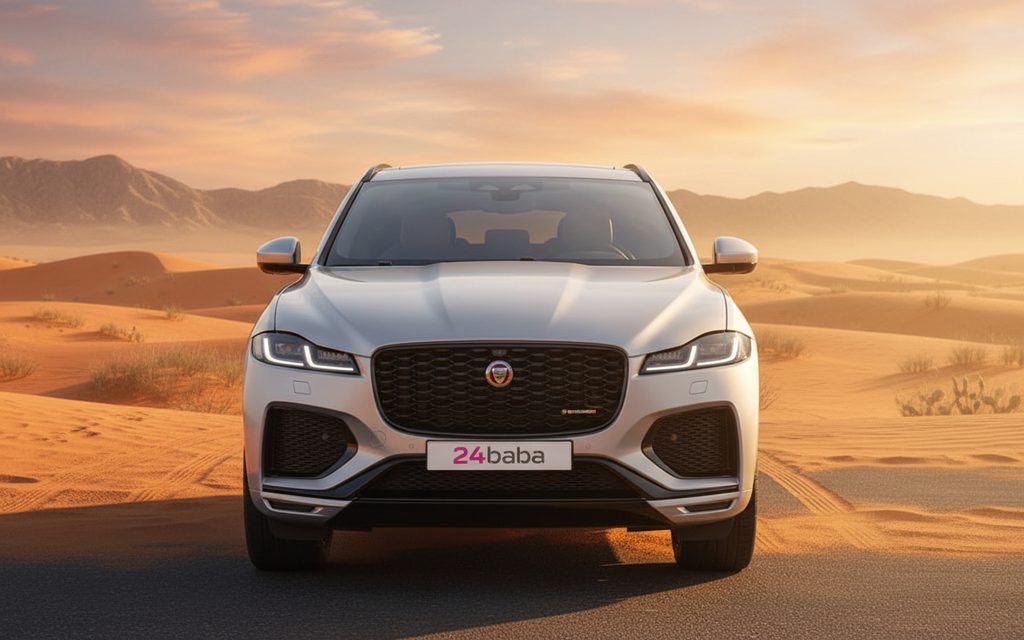 Jaguar E Pace 2021 Silver front view with headlights – rental in Dubai