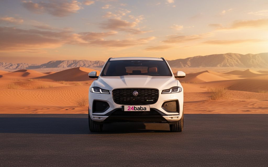 Jaguar F Pace 2024 White front view with headlights – rental in Dubai